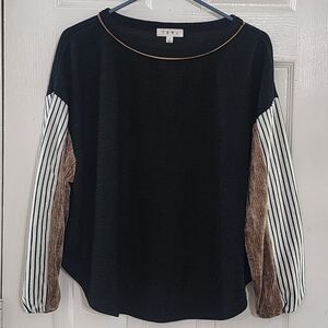 THML Mixed Media Top S Black Chenille Striped Puff Sleeve Contrast